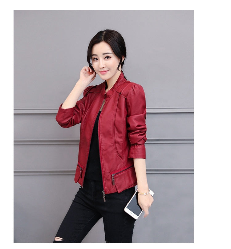 New Spring And Autumn Korean Style Motorcycle Stand-up Collar Slim Fit Slimming Leather Coat