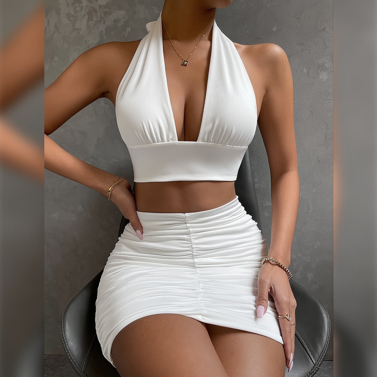 2pcs Women's Halter Lace-Up Top & Pleated Skirt Set – Sleeveless Hip-Covering Dress Suit in Multiple Colors | Infinity Bazaar