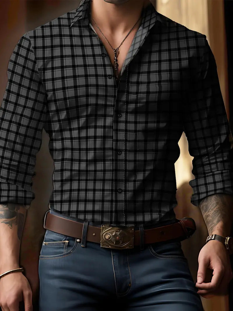 Breathable Casual Versatile Lattice Men's Long Sleeve Shirt