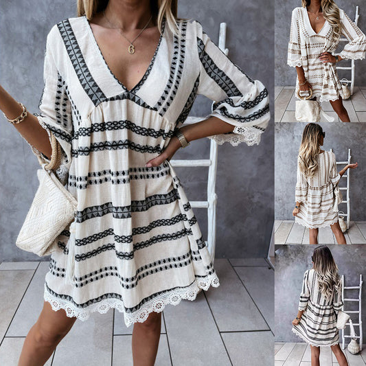 Long Sleeve V-neck Geometric Print Dress