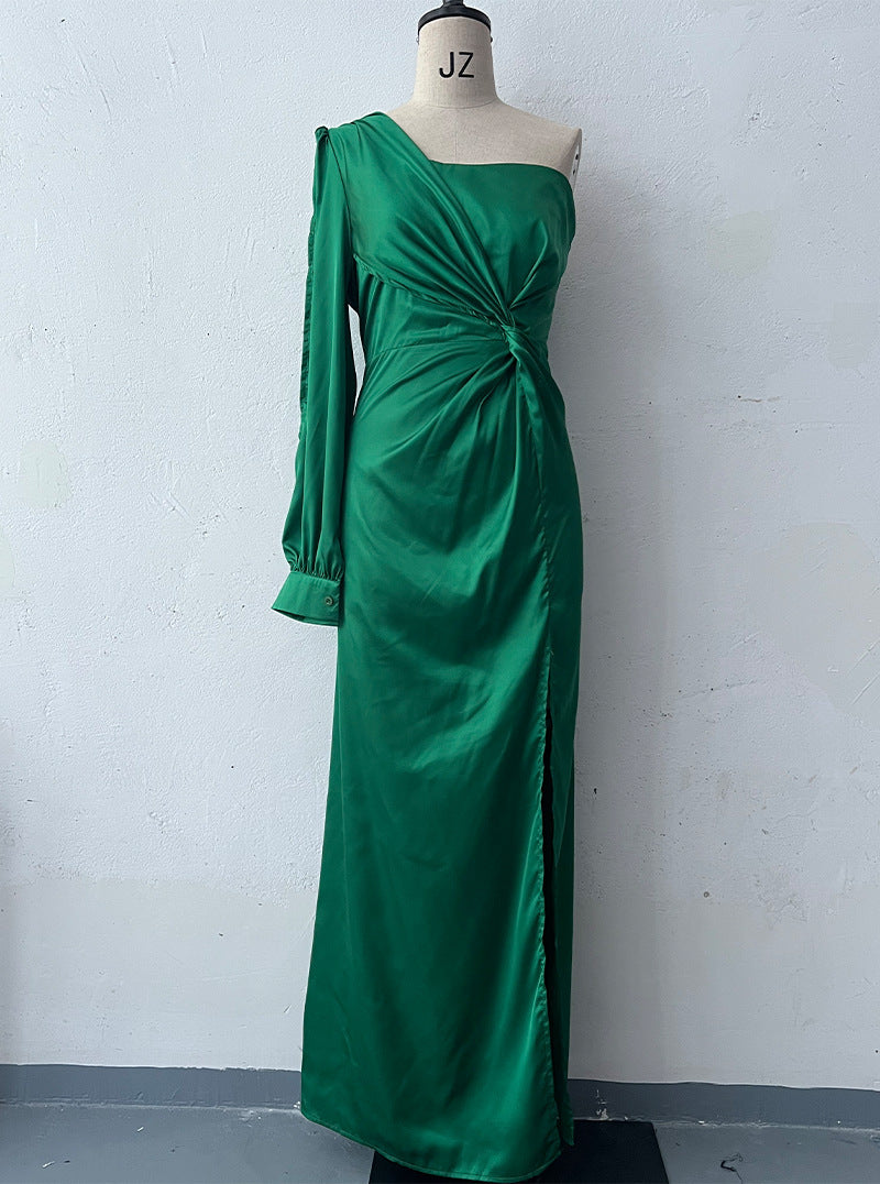One-Shoulder Split Party Dress – Long-Sleeved Slim Fit | Infinity Bazaar