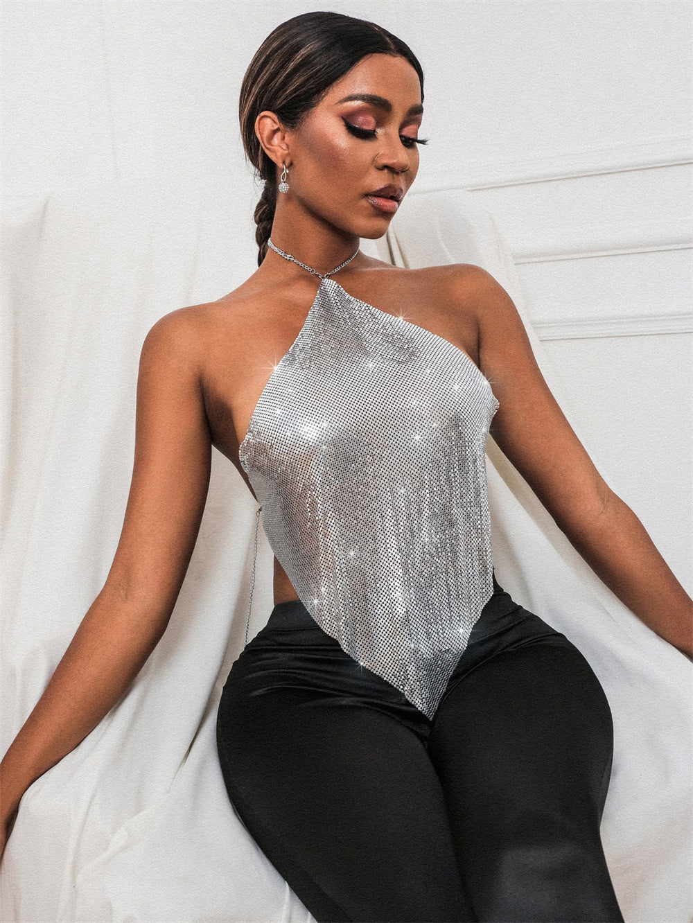 Solid Color Metal Sexy Hot Girl Halter Sequin Sling Top For Women