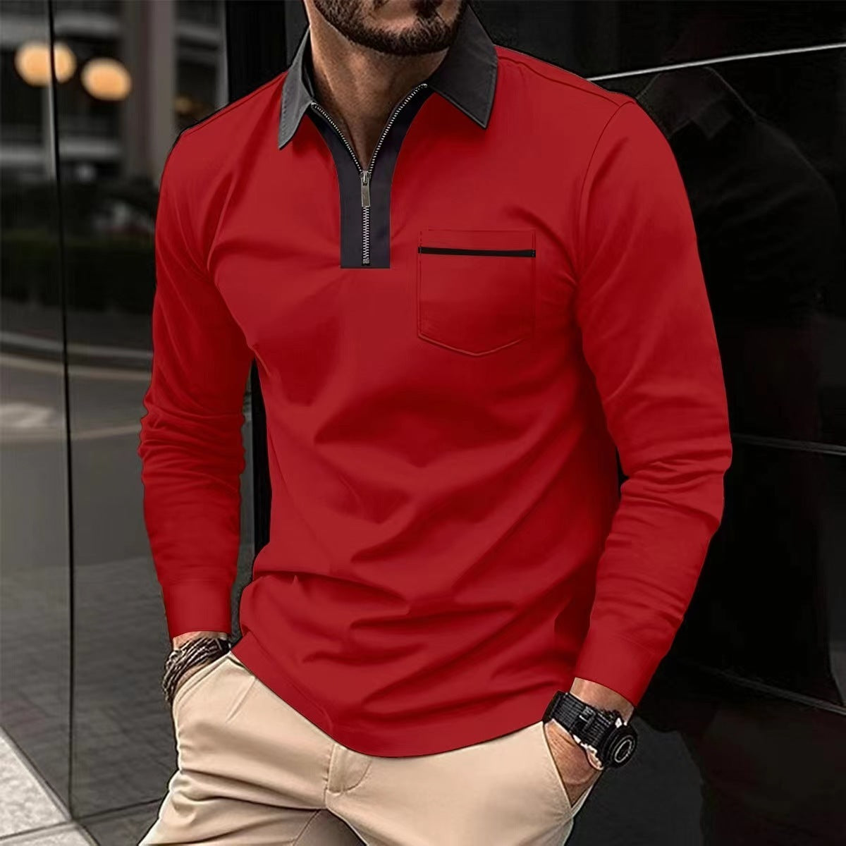 Autumn & Spring Mens Long Sleeve Zipper Polo Shirts