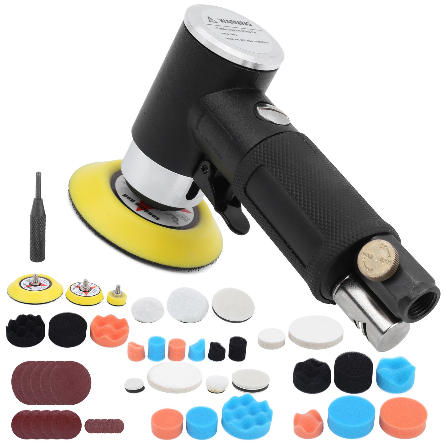 48-Piece Eccentric Air Sander Pneumatic Polisher with 1/4" Air Nozzle, 1–3 Inch Pads, for Car Waxing, Grinding & Detail Sanding | Infinity Bazaar