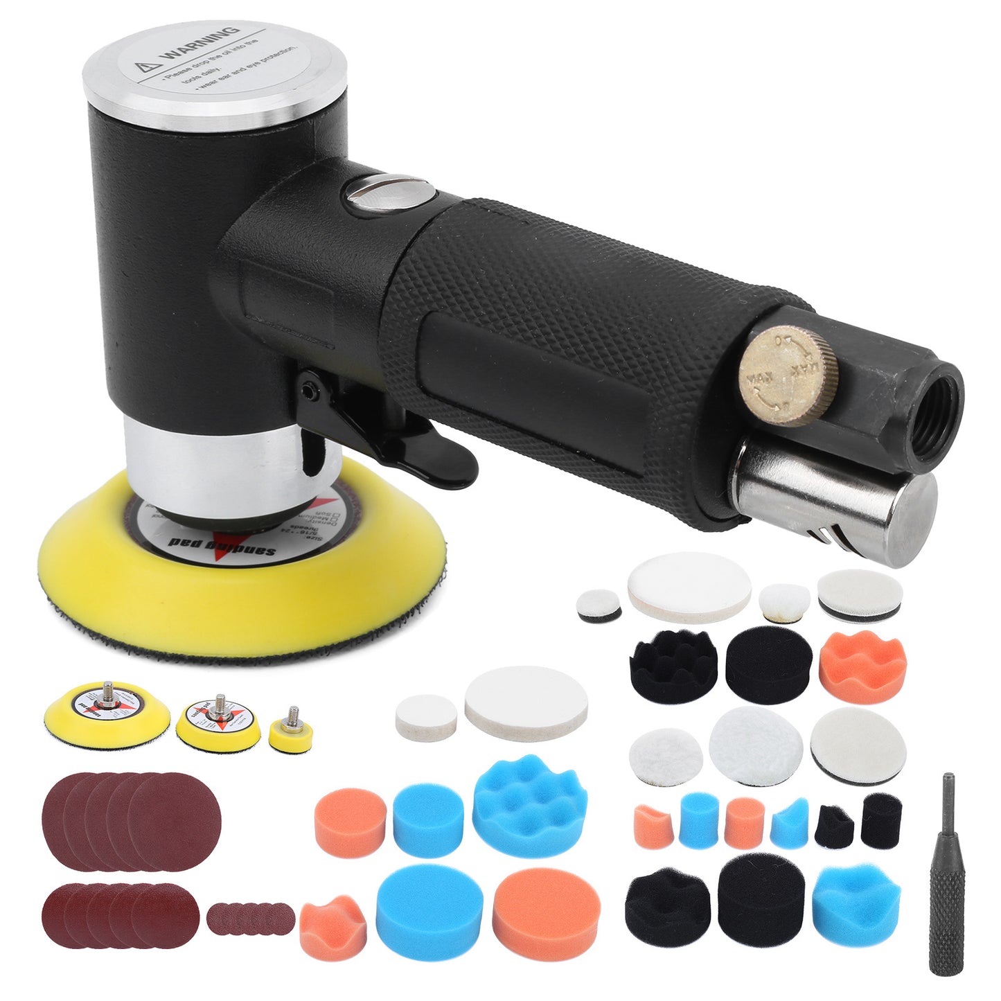 48-Piece Eccentric Air Sander Pneumatic Polisher with 1/4" Air Nozzle, 1–3 Inch Pads, for Car Waxing, Grinding & Detail Sanding | Infinity Bazaar
