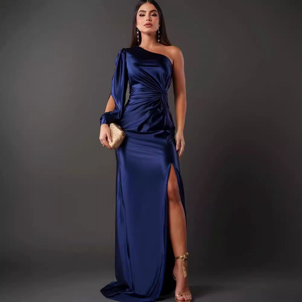 One-Shoulder Split Party Dress – Long-Sleeved Slim Fit | Infinity Bazaar