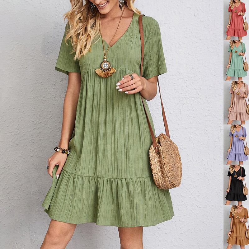 V-neck Short Sleeve Dress Summer Fashion Casual Loose Ruffled Dress