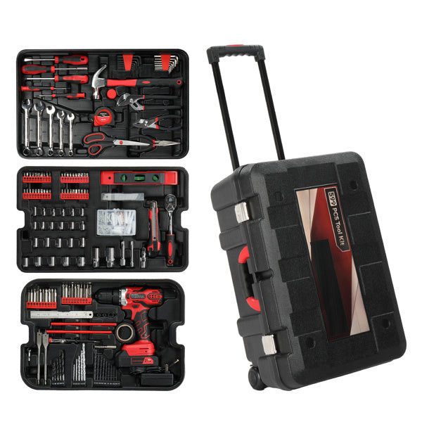 599-Piece Rolling Tool Set with 21V Cordless Drill – Heavy-Duty Home & Auto Repair Kit with Chrome-Plated Tools & Mobile Toolbox | Infinity Bazaar