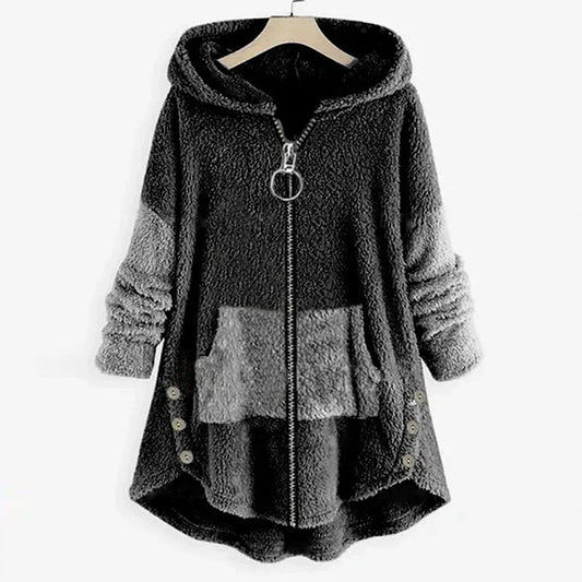Autumn Spring Stitching Contrast Color Double-sided Velvet Hooded Jacket Zipper Cloak Tops Warm Women