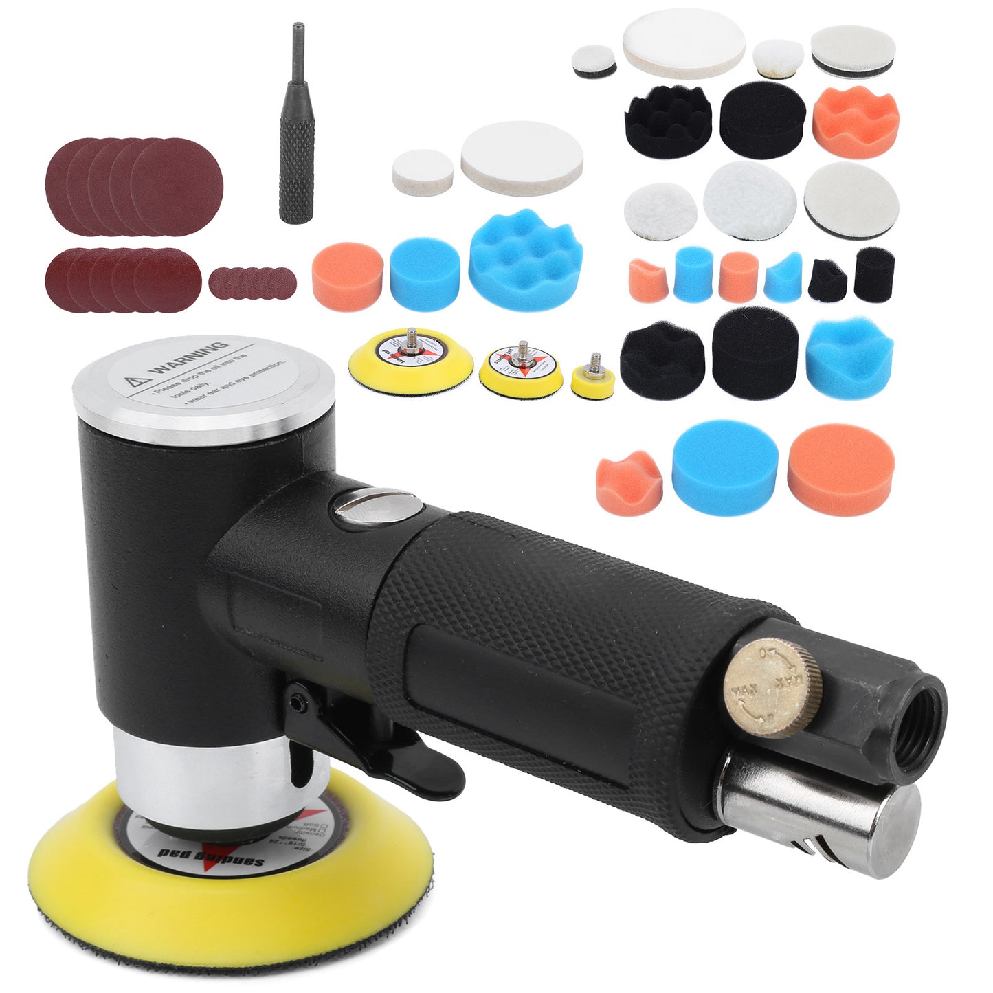 48-Piece Eccentric Air Sander Pneumatic Polisher with 1/4" Air Nozzle, 1–3 Inch Pads, for Car Waxing, Grinding & Detail Sanding | Infinity Bazaar