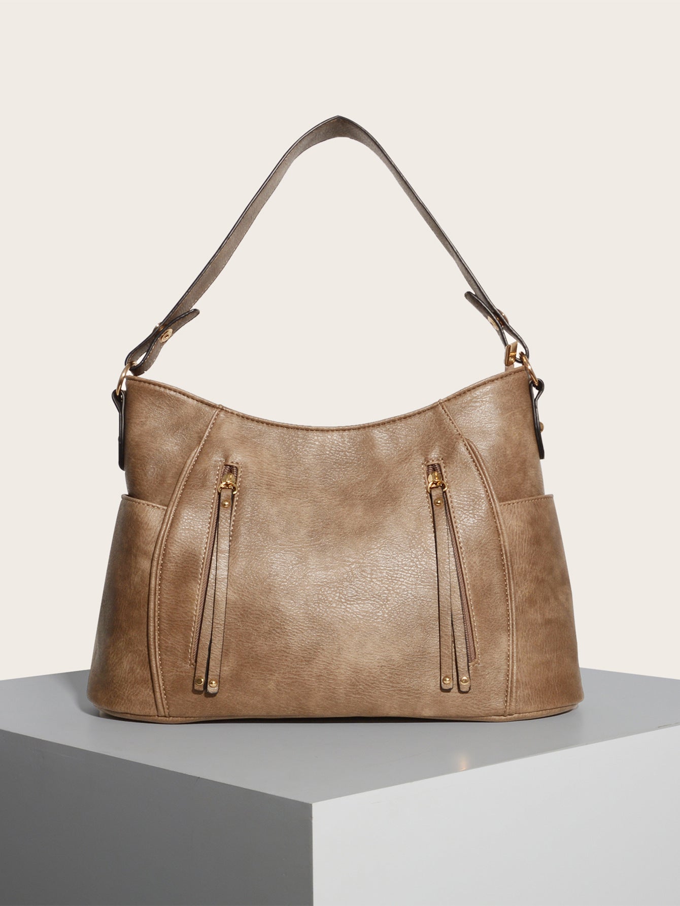 Retro Double Zipper Tassel Shoulder Bag for Women | Embossed PU Leather, Cylinder Shape, European-American Style | PG-275 Brown / Gray | Infinity Bazaar