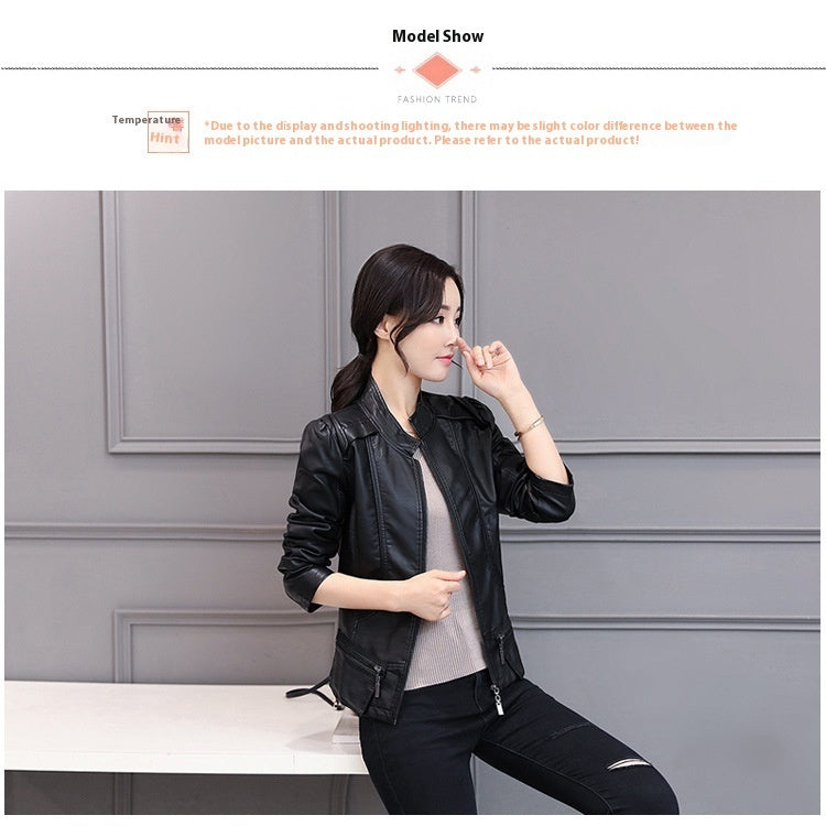 New Spring And Autumn Korean Style Motorcycle Stand-up Collar Slim Fit Slimming Leather Coat