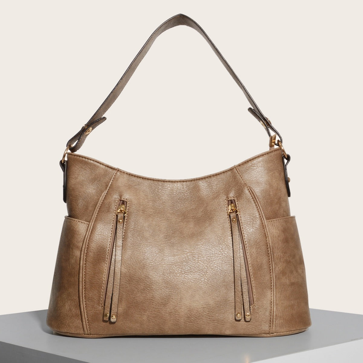 Retro Double Zipper Tassel Shoulder Bag for Women | Embossed PU Leather, Cylinder Shape, European-American Style | PG-275 Brown / Gray | Infinity Bazaar