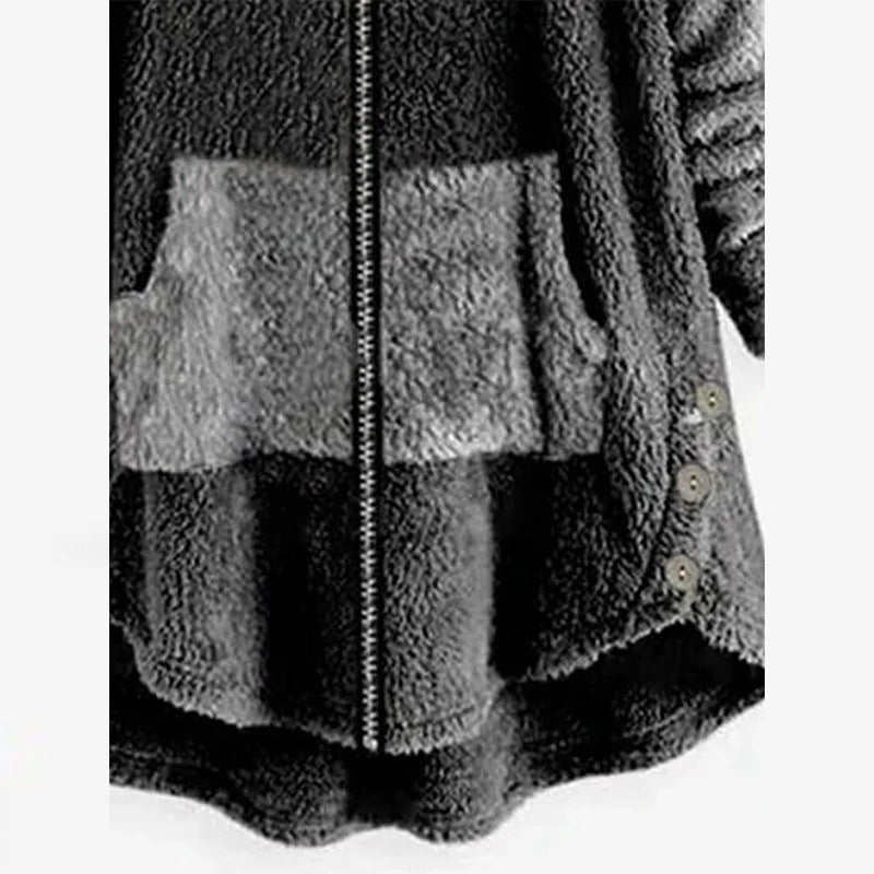 Autumn Spring Stitching Contrast Color Double-sided Velvet Hooded Jacket Zipper Cloak Tops Warm Women