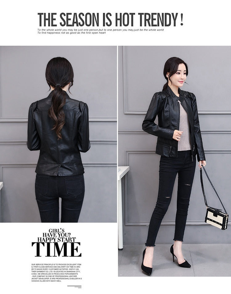 New Spring And Autumn Korean Style Motorcycle Stand-up Collar Slim Fit Slimming Leather Coat