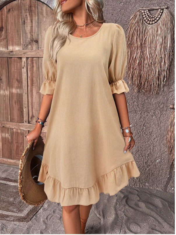 Ruffle Short-sleeved Solid Color Round Neck Loose Straight Summer Dress