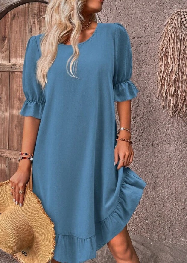 Ruffle Short-sleeved Solid Color Round Neck Loose Straight Summer Dress