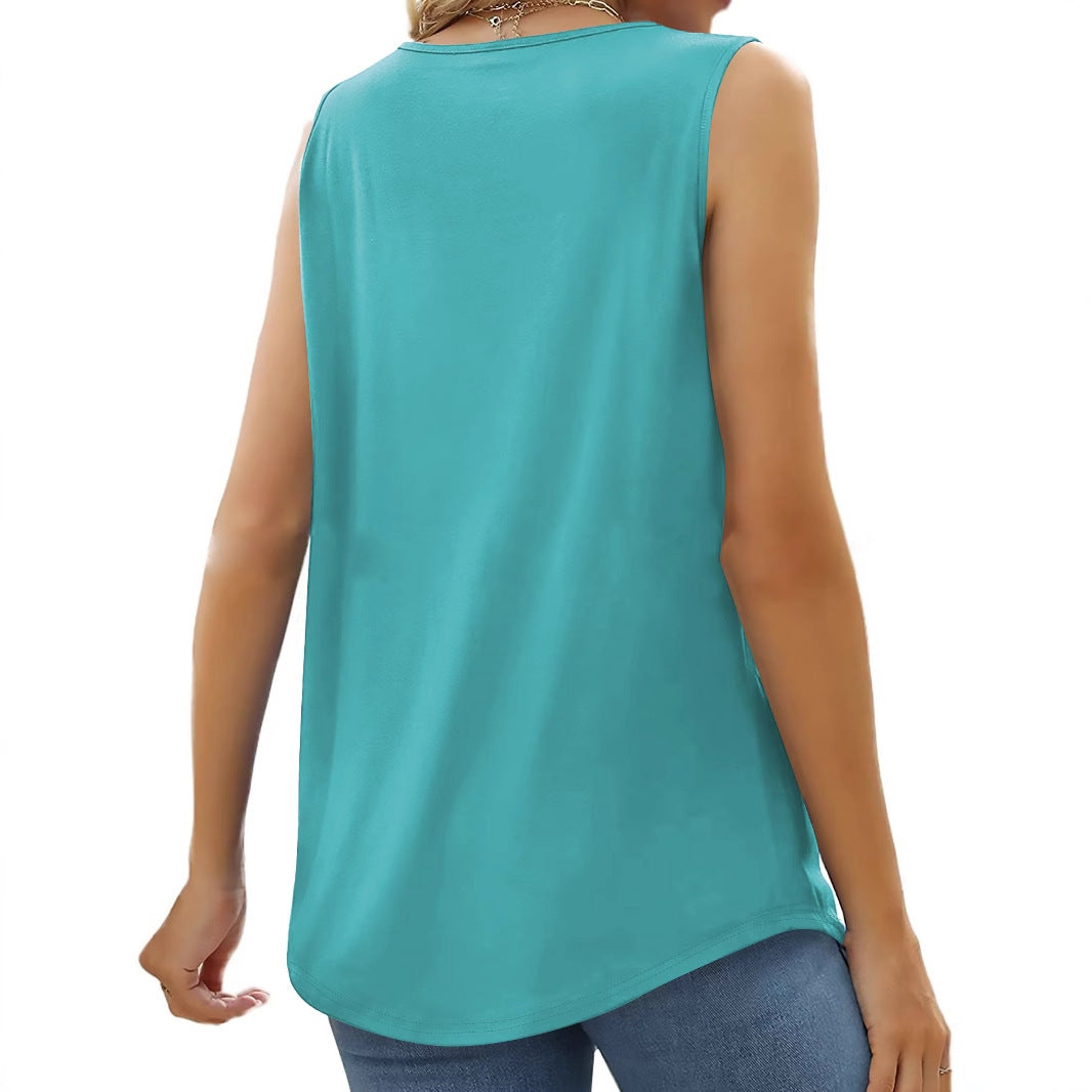 Women's Summer Pleated Square Collar Halter Loose Casual Print Sleeveless Vest