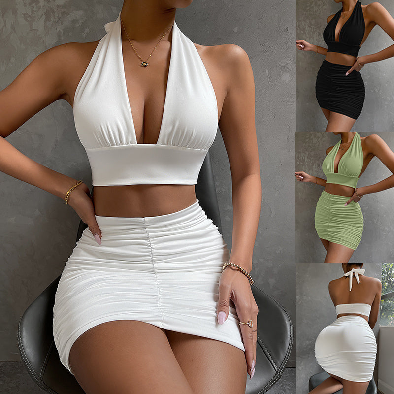 2pcs Women's Halter Lace-Up Top & Pleated Skirt Set – Sleeveless Hip-Covering Dress Suit in Multiple Colors | Infinity Bazaar