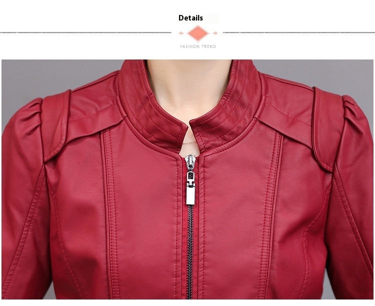 New Spring And Autumn Korean Style Motorcycle Stand-up Collar Slim Fit Slimming Leather Coat