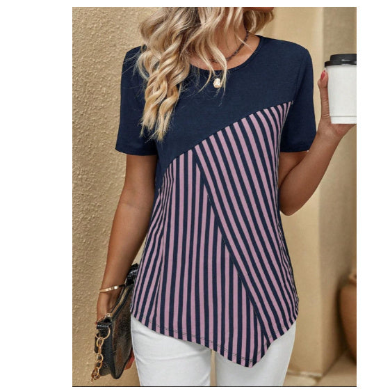 Women's Color Matching Striped Printed Short Sleeve Crew Neck Casual T-shirt