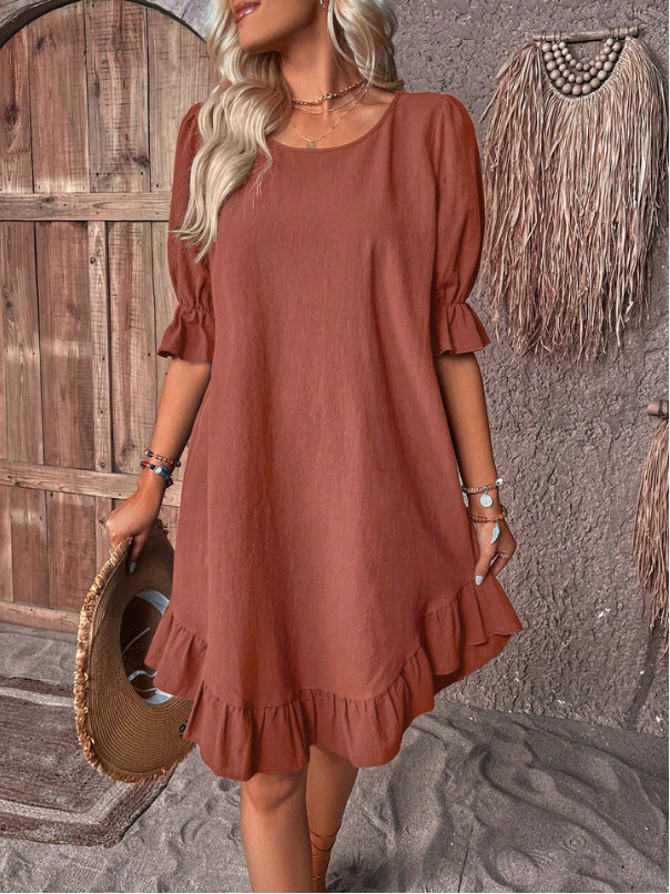 Ruffle Short-sleeved Solid Color Round Neck Loose Straight Summer Dress