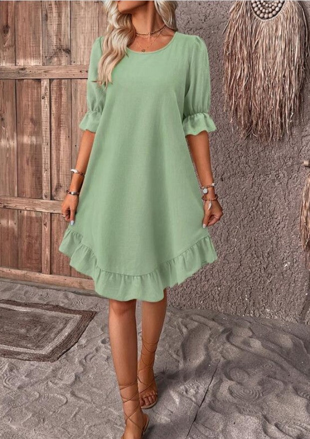 Ruffle Short-sleeved Solid Color Round Neck Loose Straight Summer Dress