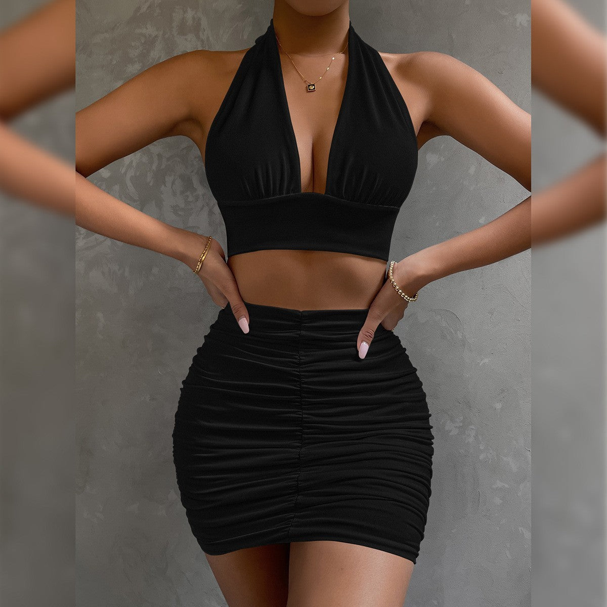 2pcs Women's Halter Lace-Up Top & Pleated Skirt Set – Sleeveless Hip-Covering Dress Suit in Multiple Colors | Infinity Bazaar