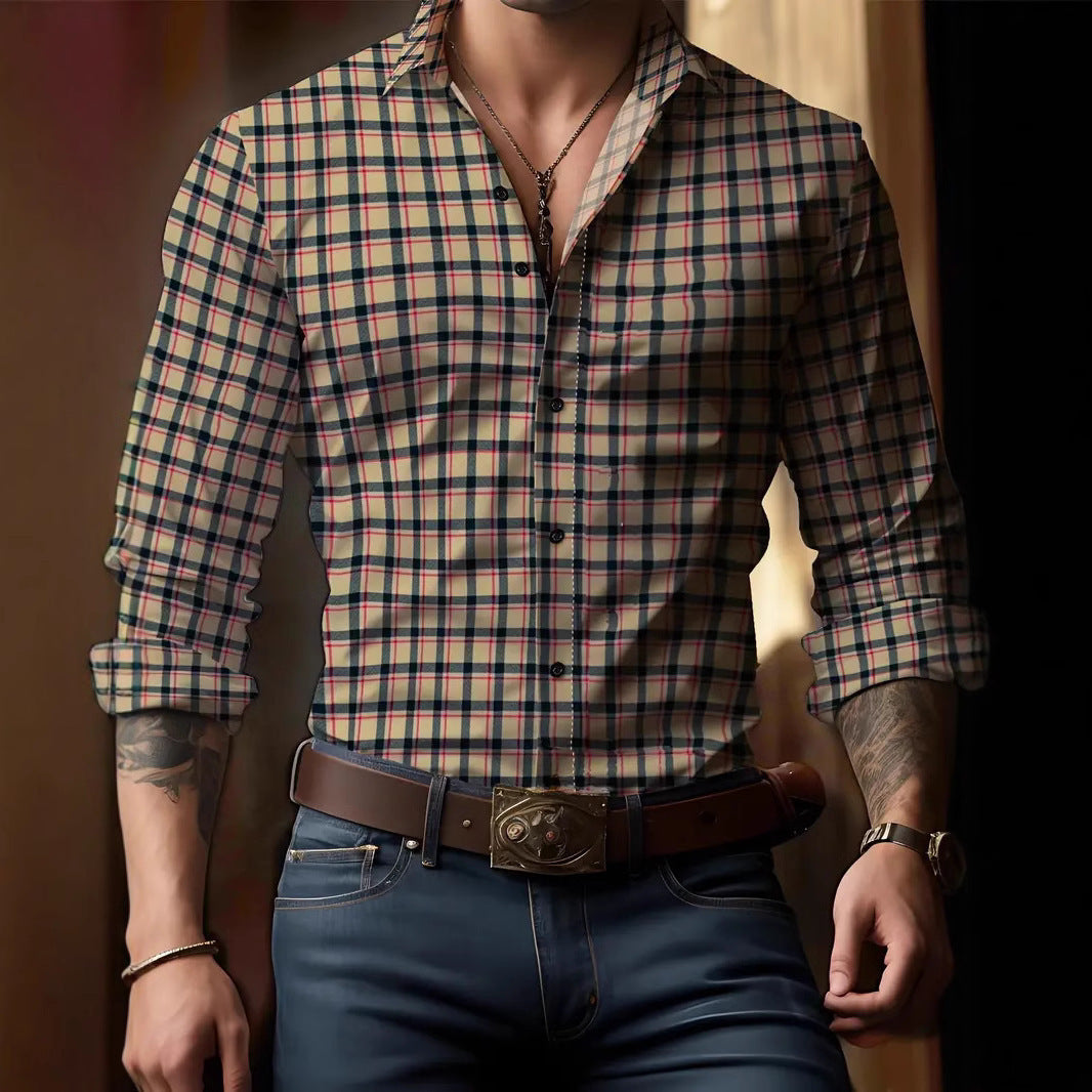 Breathable Casual Versatile Lattice Men's Long Sleeve Shirt