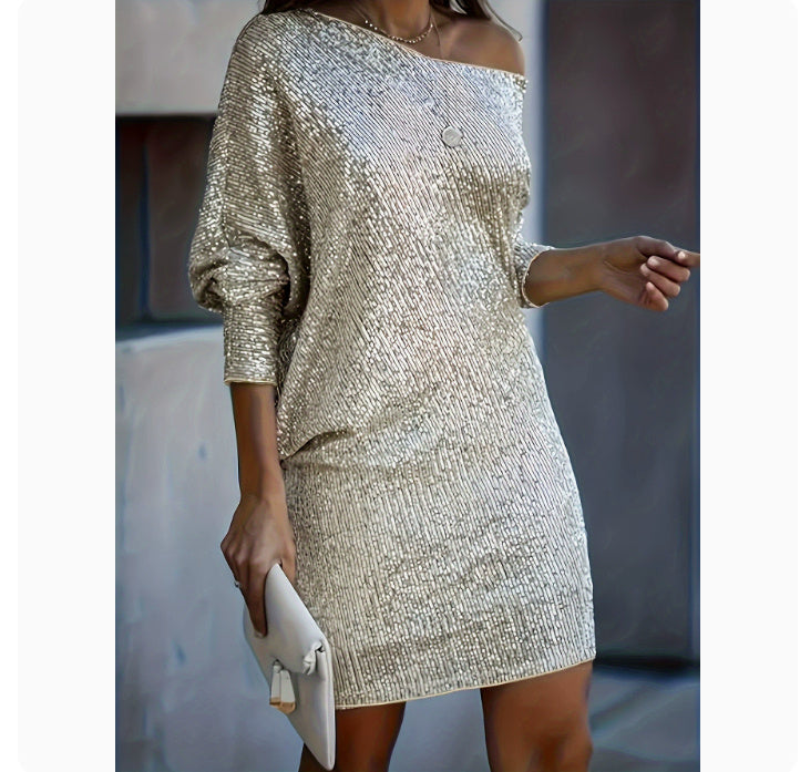 Fashion Oblique Shoulder Sequin Dress – Long Sleeve Party Dress | Infinity Bazaar