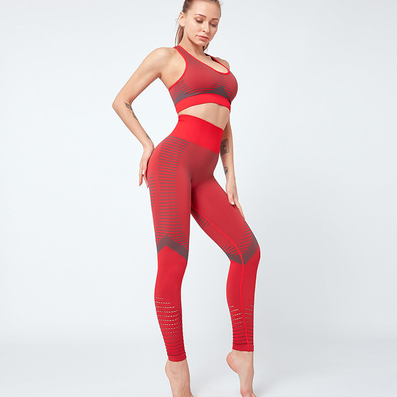 red leggings and sports bra