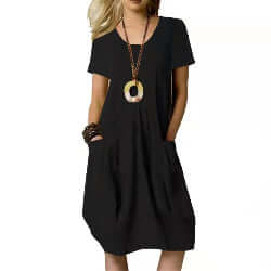 Women's Cotton and Linen Solid Color Round Neck Short Sleeve Dress | Infinity Bazaar